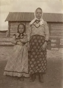 Yenisey Siberia Russia Prints: Teenage girls in festive dresses, 1912. Creator: Unknown