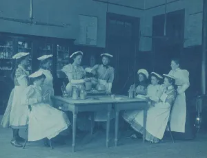 Cyanotypes 1890 1900 Gmgpc Prints: Eight teenage girls wearing aprons and chef caps learning to cook