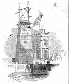 Telegraphy Collection: The Telegraph, and Church of St Olafs before the fire, 1843. Creator: Unknown