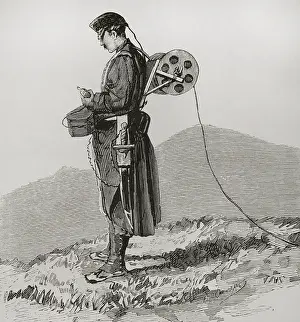 Telegraphist engineer receiving and transmitting dispatches during the march, in the Army... 1878. Creator: Bernardo Rico
