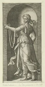 Temperance Prints: Temperance personfied by a woman standing in a niche holding a bit