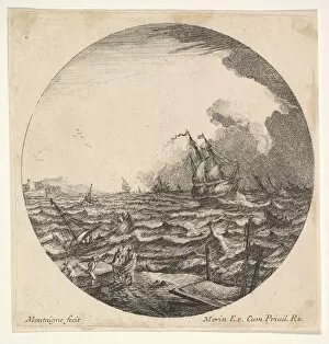Tempest Gallery: Tempest in a roundel composition, at left waves toss a small ship occupied by seven