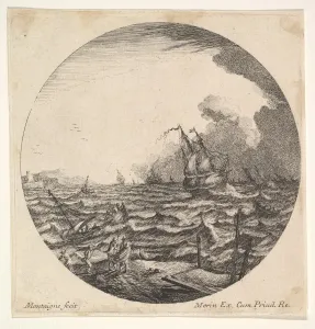 Roundel Prints: Tempest in a roundel composition, at left waves toss a small ship occupied by seven