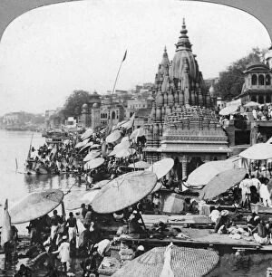A temple and ghats on the Ganges at Benares (Varanasi), India, 1900s