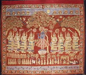 Flute Player Prints: Temple Hanging (Pichvai) Depicting Krishna with Gopis, c1800. Creator: Unknown