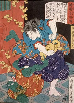 Pageboy Prints: The Temple Page Shiragikumaru Wrestling a Green Demon, 1866. Creator: Tsukioka Yoshitoshi