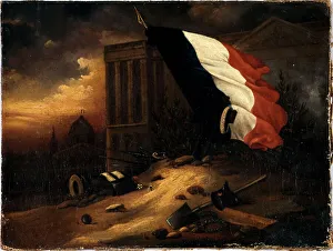 Temporary tomb of victims from July 1830 days, in front of the colonnade of the Louvre, 1830. Creator: Alexandre Barouillet