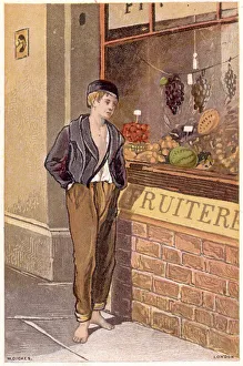 Hardship Prints: Temptation: A poor shoeless boy looking longingly at fruit on display in a shop window