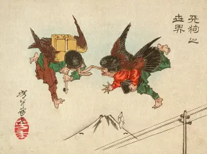Taiso Prints: Tengu Messengers Colliding in Midair, 1882. Creator: Tsukioka Yoshitoshi
