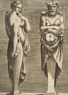 Two Terms, a Nymph at left Silvanus at right, ca. 1530-50. Creator: Giulio Bonasone