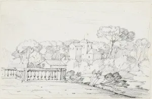 Vien Joseph Marie I Prints: Terrace by a River with a Villa and Trees Beyond