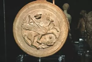 Chimaera Gallery: Terracotta Flask with moulded medallion, Bellerophon killing the Chimaera, c300BC-c250BC