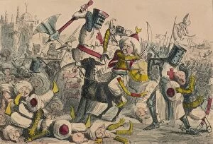 Violence Gallery: Terrific combat between Richard Coeur de Lion and Saladin, 1850. Artist: John Leech