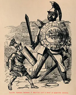 Titus Prints: Terrific Combat between T Manlius and a Gaul of gigantic stature, 1852. Artist: John Leech