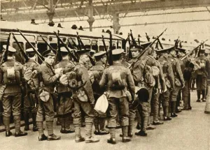 'Territorials from Summer Camp - Terriers entraining at Waterloo', 1914-1918, (1933) 'Territorials from Summer Camp - Terriers entraining at Waterloo', 1914-1918, (1933)