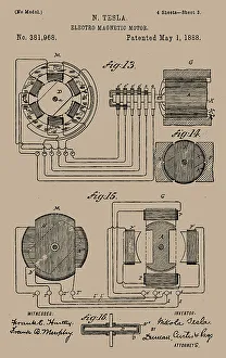 Tesla Prints: Tesla's Electro-magnetic motor patent. Creator: Historic Object