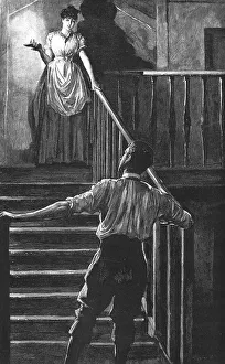 Tess of the D'Urbervilles, By Thomas Hardy; Clare came down from the stairway above in... 1891 Creator: E Borough Johnson. Tess of the D'Urbervilles, By Thomas Hardy; Clare came down from the stairway above in