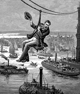 Testing the cables on Brooklyn Bridge, c1900