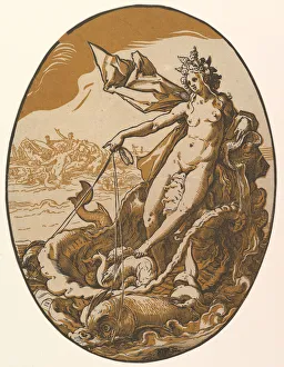 Goltzius Prints: Tethys reclining in a giant shell chariot pulled by two sea creatures, 1588-90