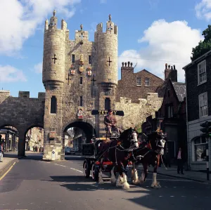 York Prints: Tetley shire horses and dray in front of Micklegate Bar, York, North Yorkshire, 1969