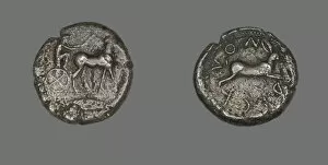 Grey Background Collection: Tetradrachm (Coin) Depicting a Charioteer, 5th century BCE. Creator: Unknown