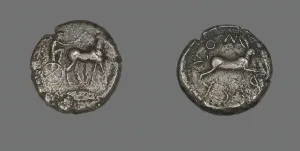 Grey Background Collection: Tetradrachm (Coin) Depicting a Charioteer, 5th century BCE. Creator: Unknown