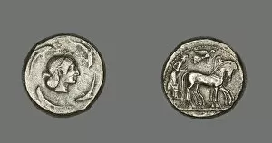 Charioteer Gallery: Tetradrachm (Coin) Depicting Quadriga with Bearded Charioteer, 485-478 BCE