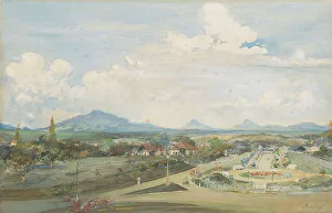 Java Indonesia Prints: Thamrin Square in Semarang with the volcanoes Sindoro and Soembing in the background