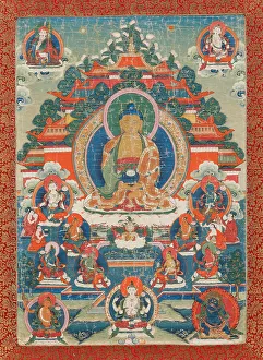 Thanka Prints: Thangka of Amitabha in the pure land of Sukhavati, 19th century. Creator: Tibetan Culture