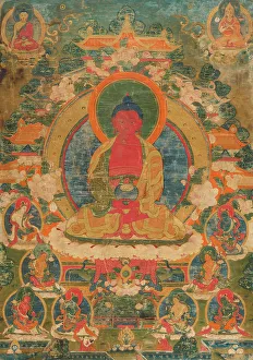 Buddha Prints: A thangka of Amitabha in the Pureland of Sukhavati, 18th century. Creator: Tibetan culture