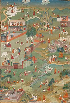 Vajradhara Prints: Thangka with scenes from the Buddha's Life, 18th century. Creator: Tibetan culture
