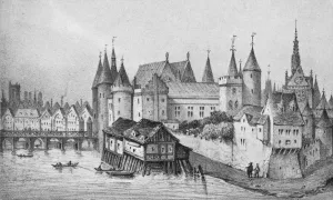 Stilts Prints: `The Pont aux Meuniers and Part of the Palais du Roi de la Cite in 1556, 1915