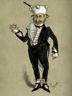 Mortar And Pestle Prints: A theatrical figure in a tuxedo wearing a pestle and mortar as a hat