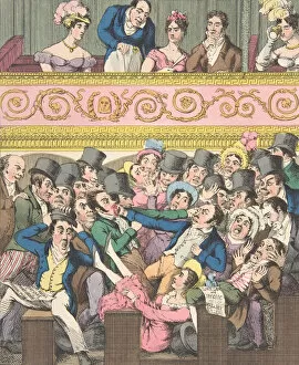 Hand Coloured Etching Collection: Theatrical Pleasures, Plate 2: Contending for a Seat, ca. 1835. Creator: Theodore Lane