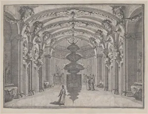 Theatrical scene in a great hall with a vaulted ceiling and a central sculpture;... ca