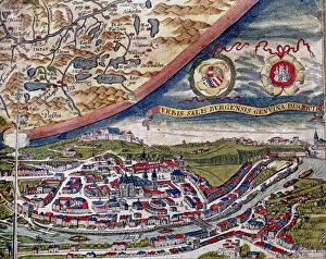 Images Dated 12th July 2018: Theatrum Orbis Terrarum by Abraham Ortelius, Antwerp, 1574, map of Salzburg and view of the city