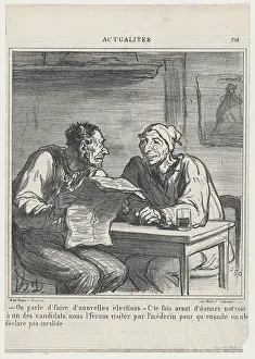 They're talking about new elections. -Before I vote for a candidate, I want... September 27, 1869. Creator: Honore Daumier.<br> -They're talking about new elections