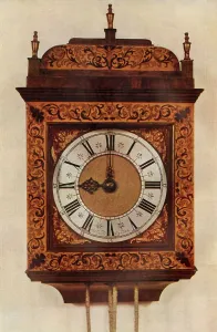 Clock Face Prints: Thirty-Hour Striking Hanging Clock in Inlaid Marqueterie Case, 1947. Creator: Unknown