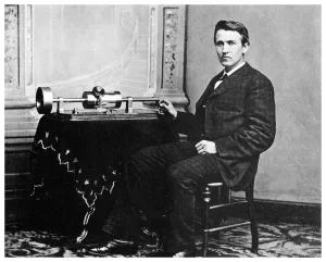 Thomas Alva Edison, American inventor, with his phonograph, c1878 (1955)