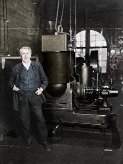 Images Dated 23rd January 2017: Thomas Alva Edison, American inventor, with his first dynamo for producing electric light, 1880s