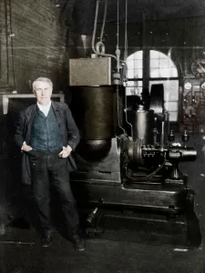 Images Dated 23rd January 2017: Thomas Alva Edison, American inventor, with his first dynamo for producing electric light, 1880s