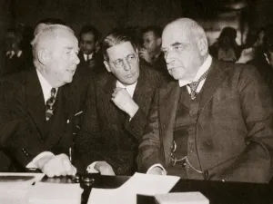 Whitney Prints: Thomas W Lamont, George Whitney, and JP Morgan, American financiers, 1930s. Artist