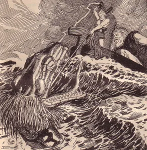 Viking Age Prints: Thor and Hymir Fishing. Illustration for The Edda: Germanic Gods and Heroes by Hans von Wolzogen