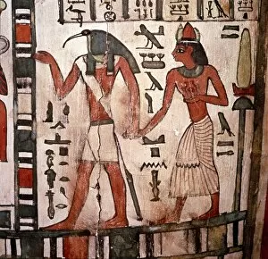 Deceased Gallery: Thoth, Ibis-headed god leads the deceased to the Underworld, Mummy-case of Pensenhor, c900BC