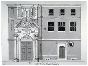 Livery Company Prints: Threadneedle Street front, Merchant Taylors Hall, City of London, c1780