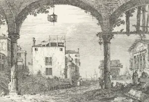 A three-arched portico with an open lantern hanging at center, a triumphal arch and rui A three-arched portico with an open lantern hanging at center, a triumphal arch and rui