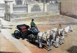 Troika Prints: A three-horse-drawn troika in summer, Russia, c1890. Artist: Gillot