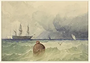 Buoy Prints: Three-masters at anchor with rough weather coming