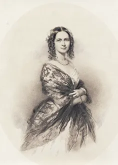 Nordic Museum Prints: Three-quarter profile portrait of woman in dress with thin patterned shawl