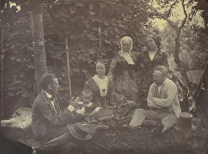 Antoine Franz Prints: [Three Women, Two Men, and a Child on a Picnic], 1850s-60s. Creator: Franz Antoine
